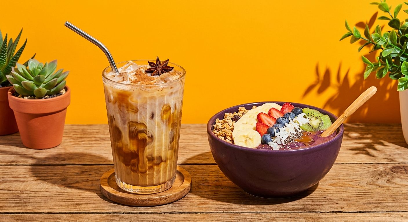 An iced chai latte with star anise beside a purple açaí bowl topped with banana, berries, kiwi and granola, on a wooden table against a saffron wall