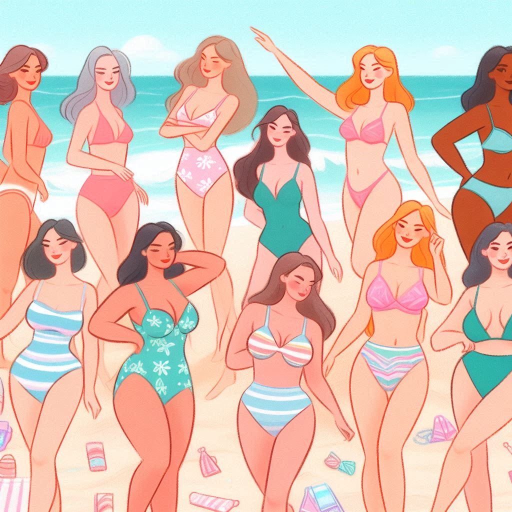 Cartoon picture of women, mostly white, at the beach in bikinis, in pastel colours. Various shapes and sizes.