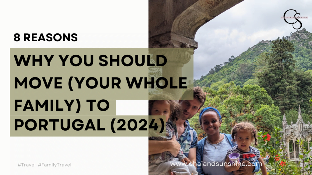8 Reasons why you should move (your family) to Portugal (2024) with a picture of a mixed-race family in front of a lush forest in Sintra