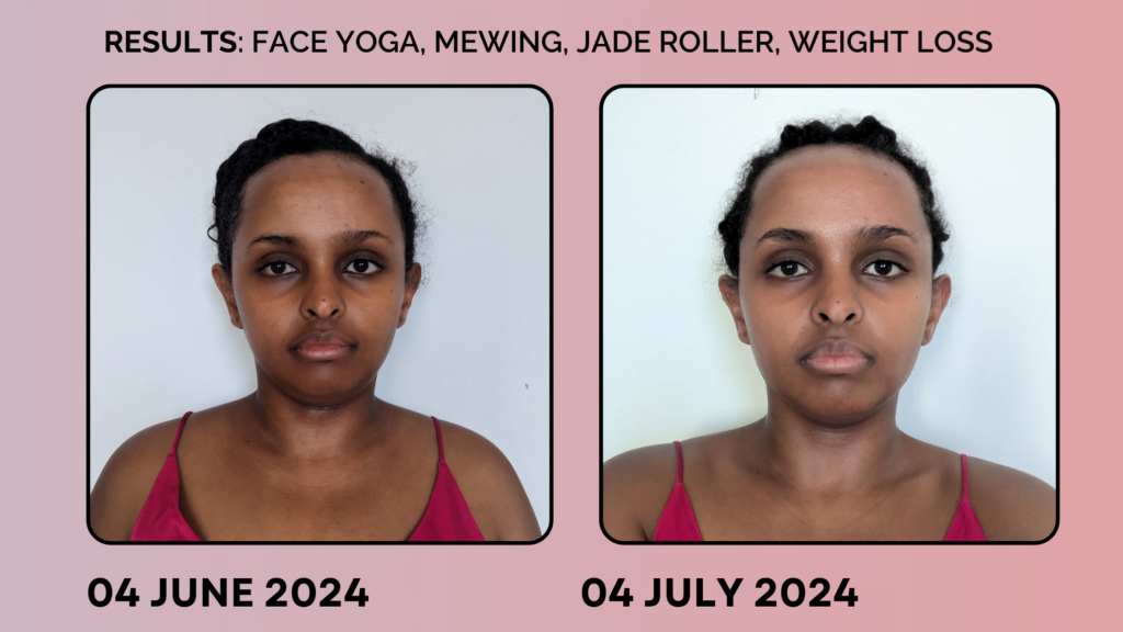 before and after 30 days of face yoga, mewing, and jade rolling, picture of black woman's face from June and July