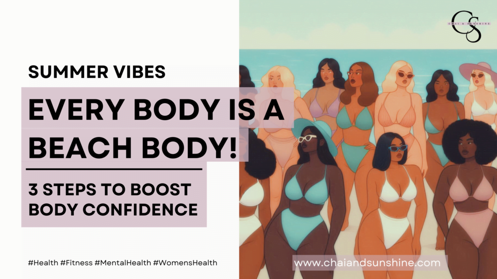 Every Body is a Beach Body! 3 Steps to Boost Body Confidence. Includes picture of women, mostly black and brown, at the beach in bikinis, in pastel colours
