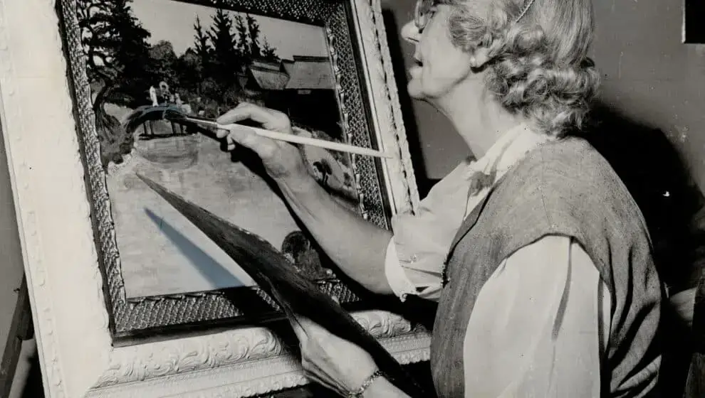 black and white picture of grandma moses painting. Linked to changing careers late in life