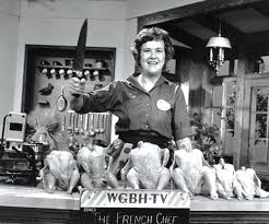 julia child in black and white brandishing a knife. Related to blog post on changing careers late in life