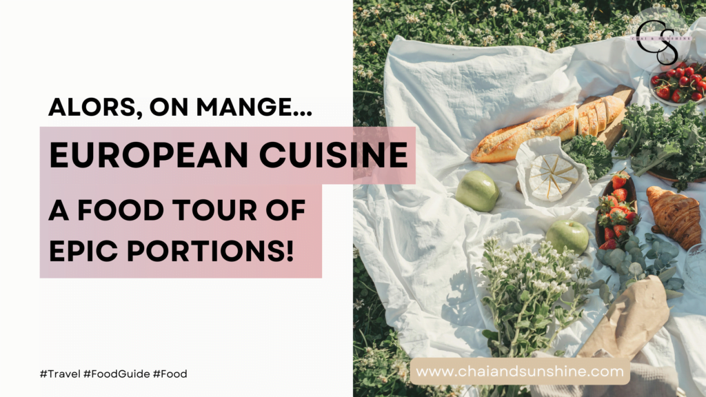 European Cuisine: A food tour of epic portions - a picture of a picnic with a baguette, croissant, strawberries, and fresh lavender.