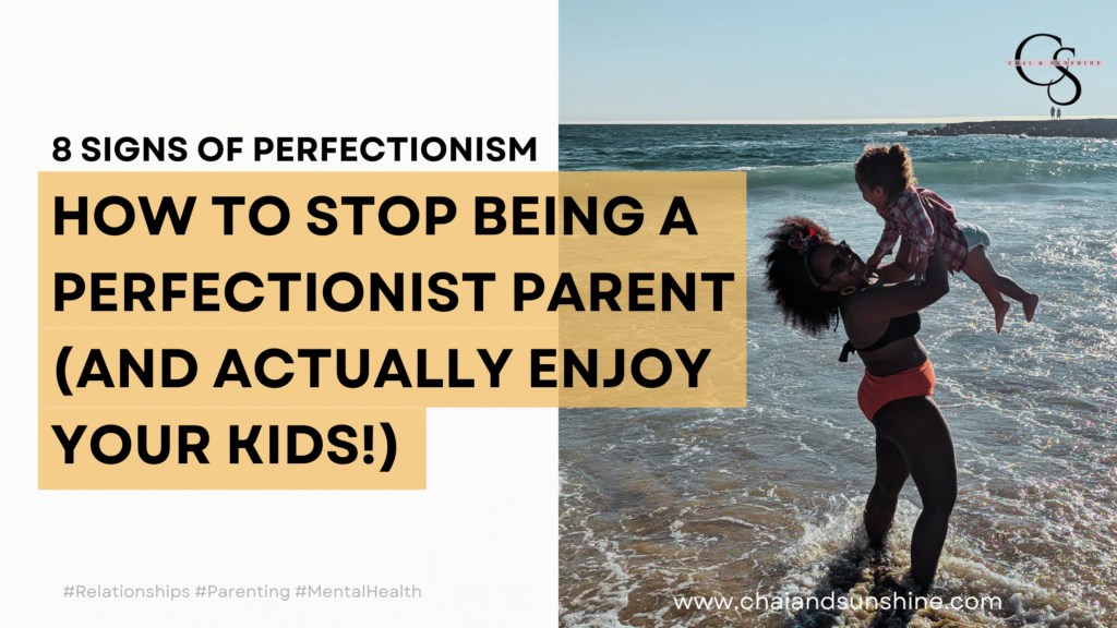 How to stop being a perfectionist parent (and actually enjoy your kids) - 8 signs of perfectionism - picture of black woman with afro in the water at the beach with her toddler daughter in her arms and in the air, both looking carefree and happy