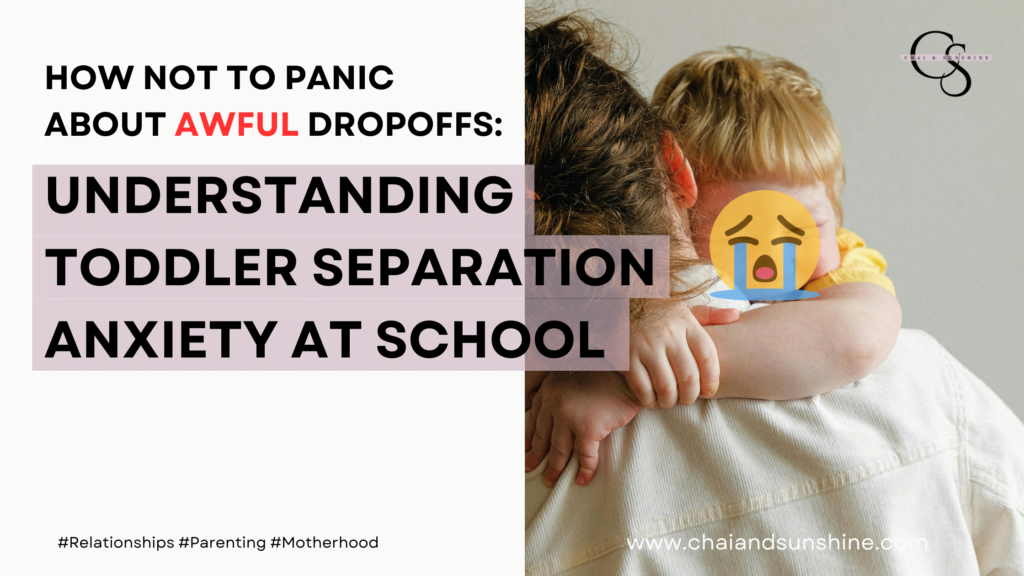 Understanding Toddler Separation Anxiety at School - how not to panic about awful dropoffs: picture of white man carrying white daughter, with a crying face emoji over daughter's face
