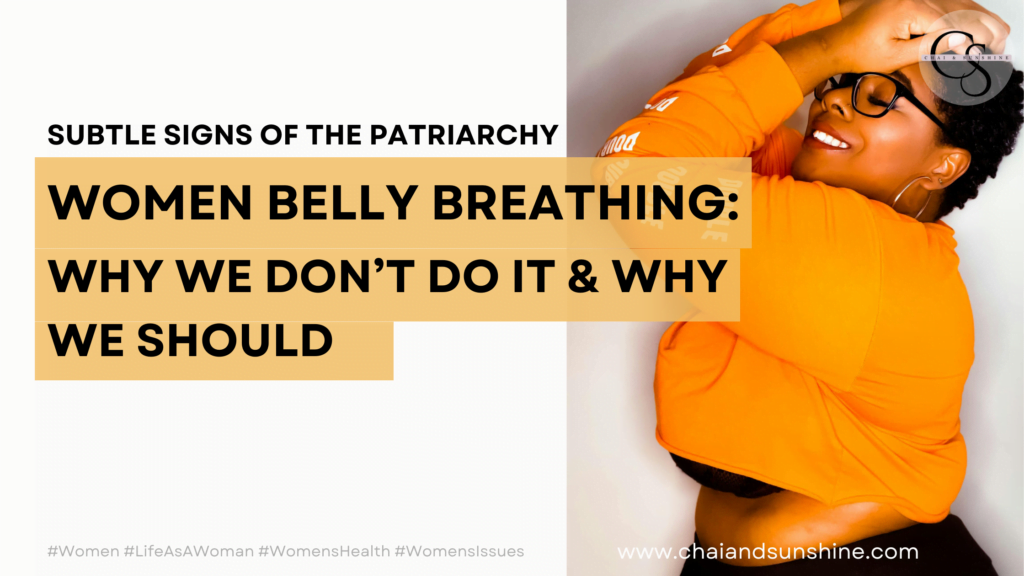 Subtle signs of the patriarchy: Women belly breathing: Why we don't do it & why we should - a black woman with short hair with in an orange crop top holding her head with her hands, smiling