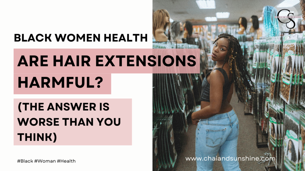 Are hair extensions harmful? The answer is worse than you think. A picture of a black woman in an aisle full of synthetic hair extensions.